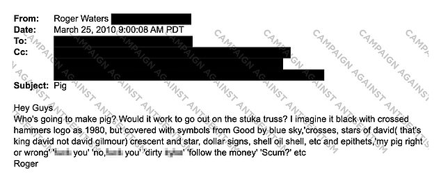 The Pink Floyd bassist is said to have suggested painting the words 'dirty k***' and 'follow the money' on an inflatable pig in a 2010 email.