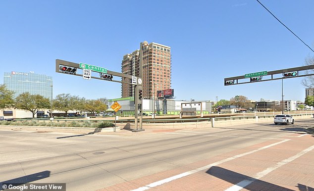 Dallas police say Wallace and her friend were traveling eastbound on Monticello Avenue (right) and crossed a green light at the northbound N. Central Expressway service road (left).  That's where Pollis, who was driving north on the same service road, allegedly ran a red light and crashed into the victims