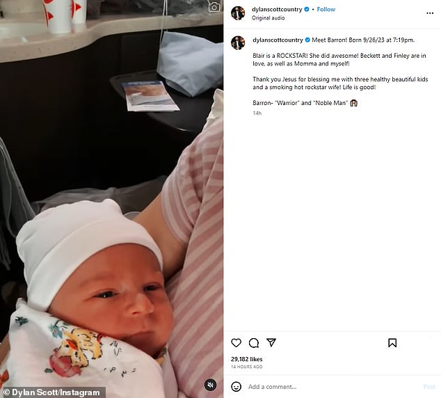 Dylan announced on Instagram on Wednesday: 'Meet Barron!  Blair is a rock star!  She did great!  Beckett and Finley are in love, just like Mom and I!  Thank you Jesus for blessing me with three healthy, beautiful children and a smoking hot rock star wife!  Life is good!'