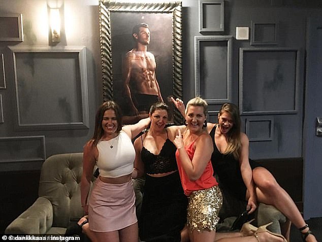 Danika Mason is pictured left at Yvonne Sampson's bachelorette party in the United States in 2018, before Sampson married broadcaster Chris O'Keefe