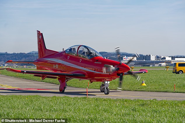 A Pilatus PC-21 training aircraft (model shown) took off from RAAF Base Pearce at 12.25pm ​​and returned at 1.28pm after drawing the X-rated illustration