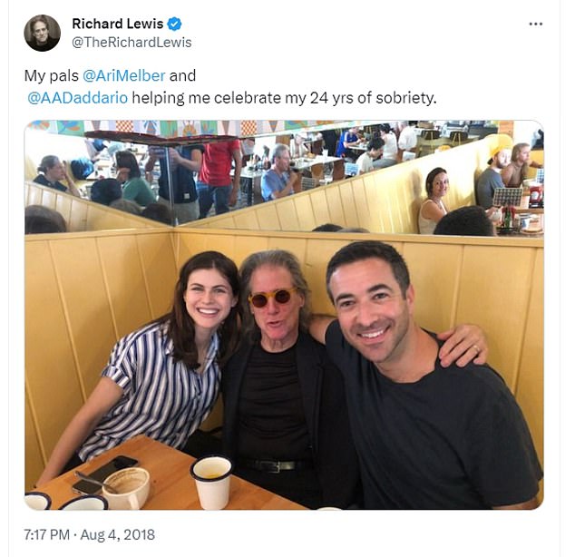 During their first public outing as a couple, Ari Melber (right) and Alexandra Daddario (left) celebrated Richard Lewis (center)