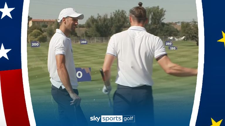 Gareth Bale gives Novak Djokovic a golf lesson ahead of the Ryder Cup All-Star match at Marco Simone Golf & Country Club.