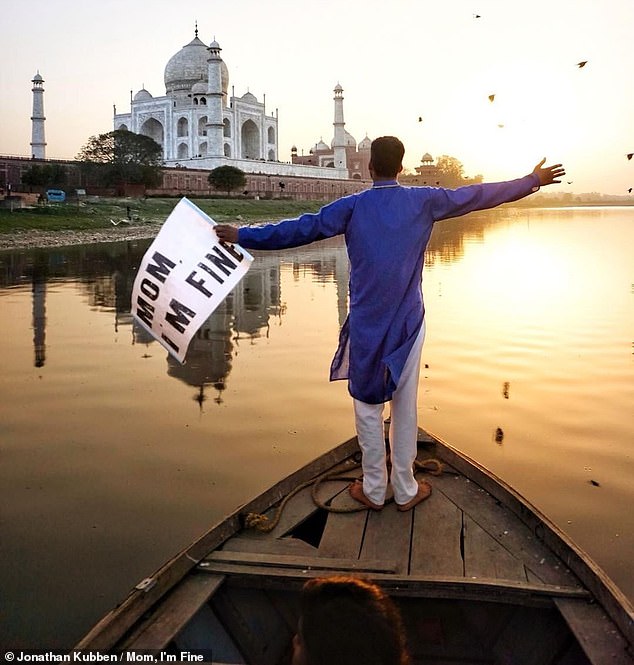 Jonathan is pictured here at the Taj Mahal in India, reassuring his mother, who he reveals is unaware of his travel plans.  He says, “She doesn't want to know in advance.  She finds out afterwards and is therefore not afraid'