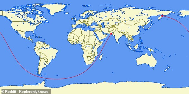 In 2012, a Reddit user from Kepleronlyknows claimed he had found the longest possible straight sea voyage stretching nearly 20,000 miles (32,089 km) from Pakistan to Russia.  The route passes through the needle between Madagascar and Mozambique before descending below the southernmost point of South America