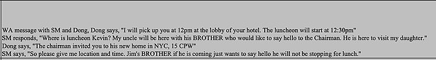 “My uncle will be here with his BROTHER who would like to say hello to the chairman,” Hunter wrote, referring to CEFC chairman Ye Jianming, who bought a penthouse apartment at the coveted 15 Central Park West in May that year.