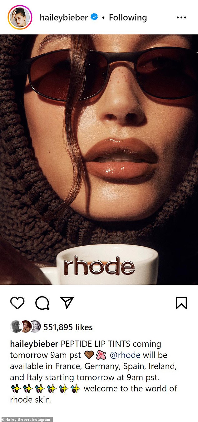 Great news: Hailey has revealed that her Rhode Skin brand will now be available in France, Germany, Spain, Ireland and Italy – via shipping