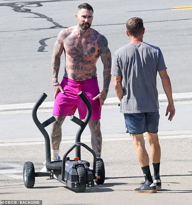 Workout day: The lead singer of Maroon 5 showed off his toned body and a slew of tattoos as he performed a few exercises with the help of a trainer