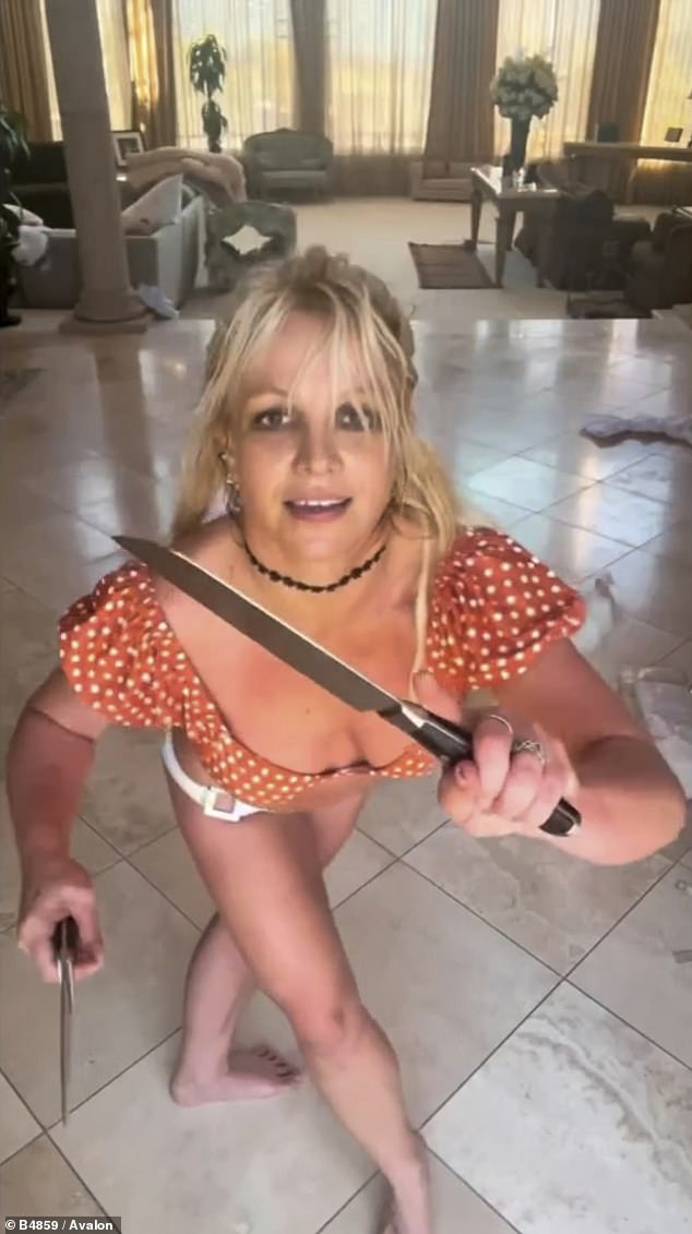 The clip in question: Earlier this week, Spears posted a video of herself dancing in a polka dot bra top and white bikini bottoms as she twirled and danced.  However, this dance video raised concerns compared to her usual videos as she played with danger while swinging two large kitchen knives.