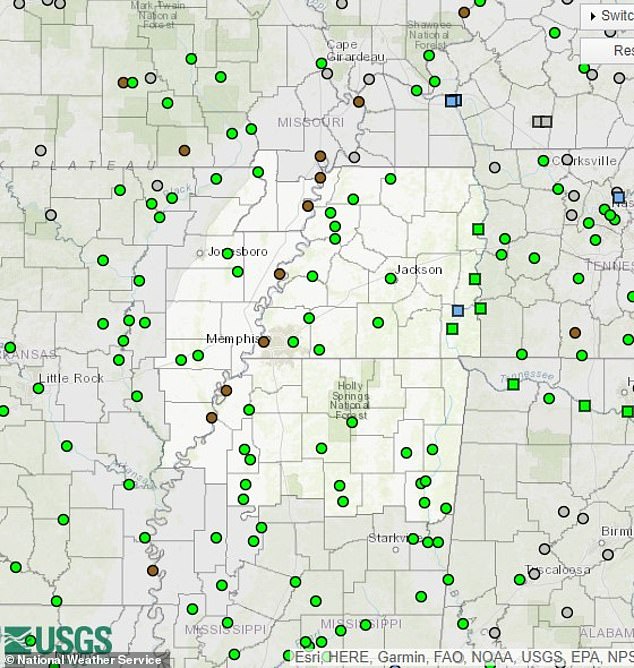 Data from the USGS shows that seven yards of the river (indicated here by the brown dots) that runs through Memphis into Missouri, water levels are 