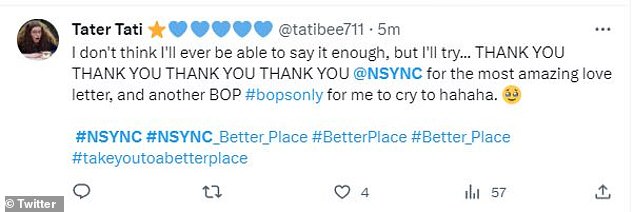 'Love Letter': 'I don't think I'll ever be able to say it enough, but I'll try....THANK YOU THANK YOU THANK YOU THANK YOU @NSYNC for the most amazing love letter...'