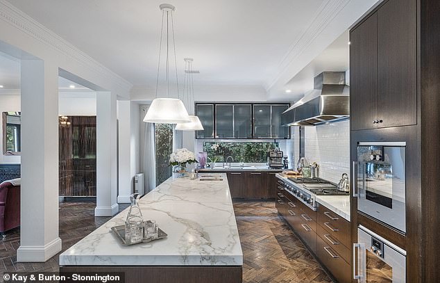 In the photo: the beautiful kitchen of the luxury building, including marble worktops