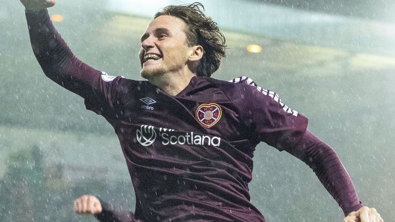 Hearts' Alex Lowry celebrates as he scores to make it 2-1 against Kilmarnock