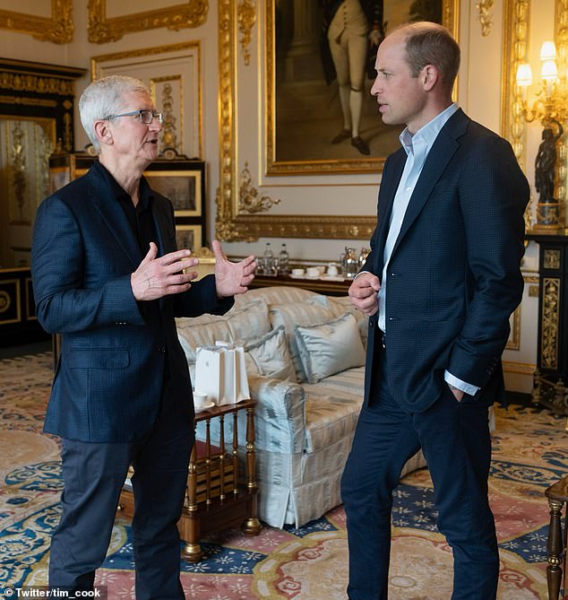 Cook (pictured with Prince William), who took over as boss of the tech giant in 2011 when founder Steve Jobs resigned, today posted two photos of the meeting on X, formerly Twitter.