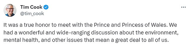 'It was a real honor to meet the Prince and Princess of Wales.  We had a wonderful and wide-ranging discussion about the environment, mental health and other issues that mean a lot to us all,” Cook wrote in his post.