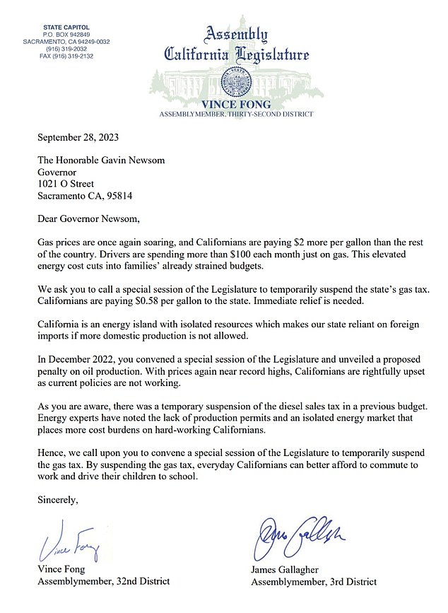 The letter GOP lawmakers sent to Newsom on Thursday said 'current policies are not working'