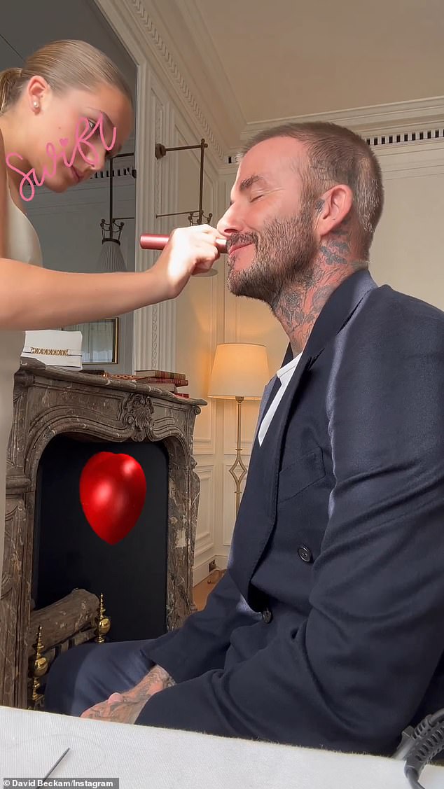 David worked up!  As the pair prepared for matriarch Victoria's fashion show in French, the footballer revealed Harper was sorting out his make-up