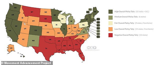 The Movement Advancement Project analyzed LGBTQ laws across states, with states with negative scores highlighted in red