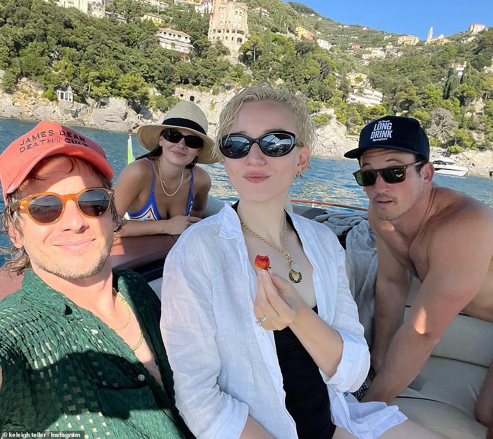 Couples retreat: Miles and Keleigh seen with friends Julia Garner and her husband Mark Foster