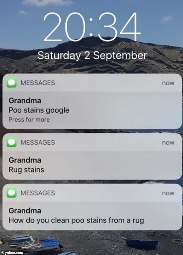 Elsewhere, a grandmother accidentally texted her grandchild, thinking it was Google, wondering how to get poop stains out of a rug