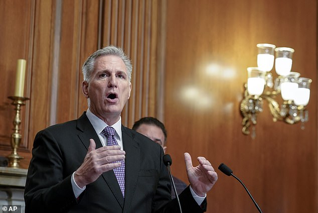 Speaker of the House of Representatives Kevin McCarthy, California, speaks to the media about efforts to pass appropriations bills and prevent a looming government shutdown