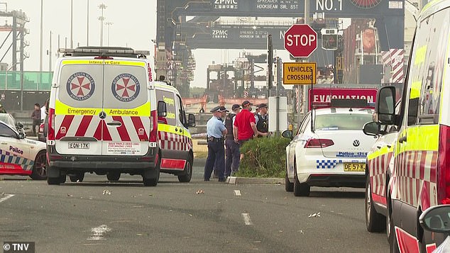 Water police were called to the scene around 6am and officers removed the deceased man from the water, unconscious (photo, emergency services near the Foreshore Road Boat Ramp)