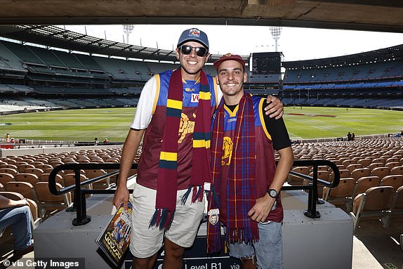 MELBOURNE, AUSTRALIA - SEPTEMBER 30: Brisbane fans gather for the 2023 AFL Grand Final match between Collingwood Magpies and Brisbane Lions at Melbourne Cricket Ground, on September 30, 2023, in Melbourne, Australia.  (Photo by Darrian Traynor/AFL Photos/via Getty Images)