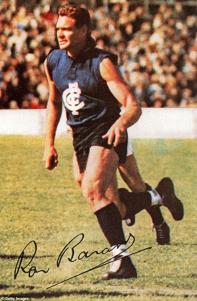 Barassi claimed a total of 10 VFL premierships as a player and coach with Melbourne, Carlton and North Melbourne in a glittering football career (pictured, playing for the Blues in 1969)