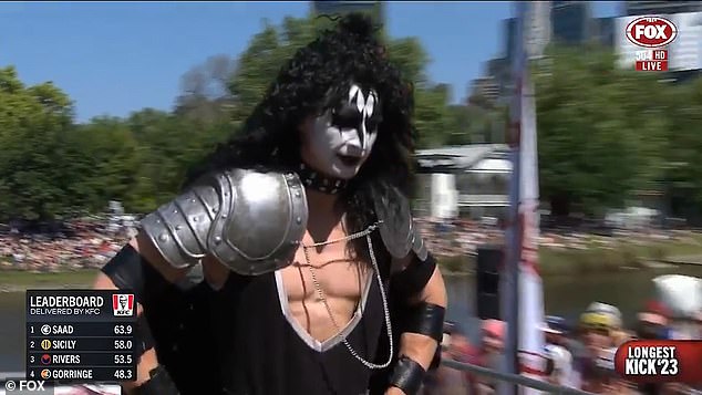 Gorringe, 31, who last appeared in the AFL in 2017, was dressed from head to toe in KISS gear (pictured) in a hilarious tribute to the iconic rocker