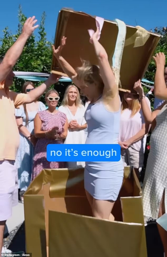 She emerged from the box instead of a bunch of balloons as she made a plea for expectant parents to think of the planet before hosting gender reveal parties.