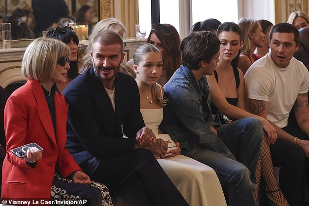 Anna Wintour, David Beckham, Harper Beckham, Cruz Beckham, Nicola Peltz and Brooklyn Beckham attend the Victoria Beckham Spring/Summer 2024 Women's Fashion Collection