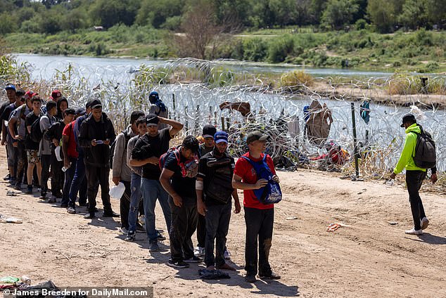 After entering the U.S., many migrants stood in lines as they waited to be processed by border agents