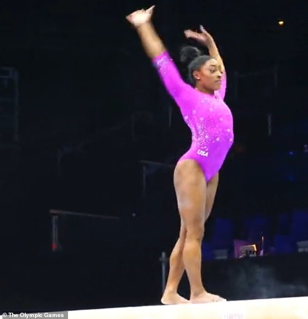 In a series of clips shared to the GymCastic and Olympics Gymnastics YouTube accounts, the gymnast donned a sparkling pink leotard as she perfected her routines before competition