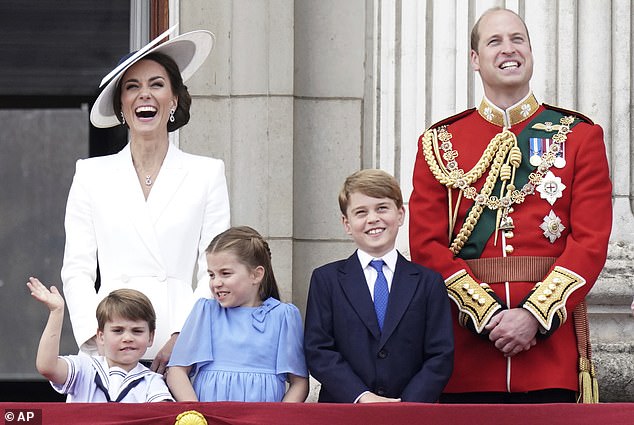 They now have three children together: Prince George, nine years old (William's left), Charlotte, seven (middle), and four-year-old Louis (far left).  They are pictured on the balcony after Trooping the Color last year