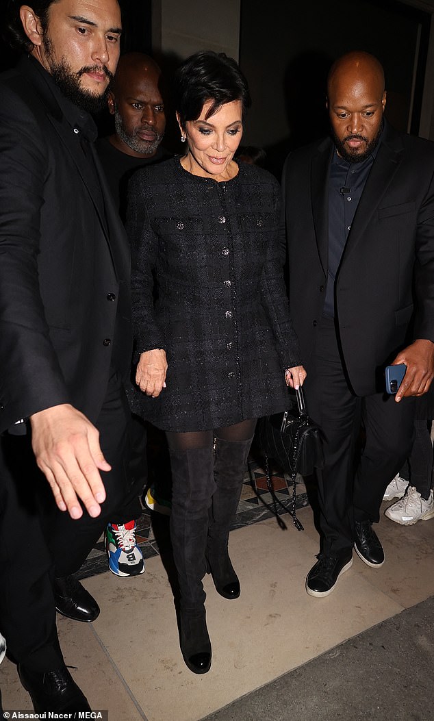 Chic: Kris Jenner, 67, stepped out in a button-front mini dress with long sleeves and a subtle check print