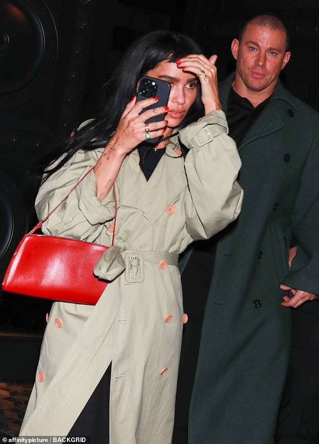 Hot couple: Zoe Kravitz, 34, was dressed in a beige trench as she left the French restaurant with boyfriend Channing Tatum, 43,