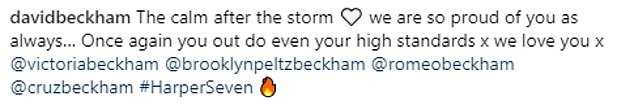 Proud: David Beckham gushed about his wife Victoria Beckham after the success of her Paris Fashion Week show as he and Romeo congratulated the fashion designer on Instagram: 'we are as proud of you as ever'