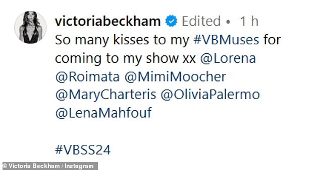 Grateful: The young footballer also reposted Victoria's last message as she thanked her muses for coming to the show
