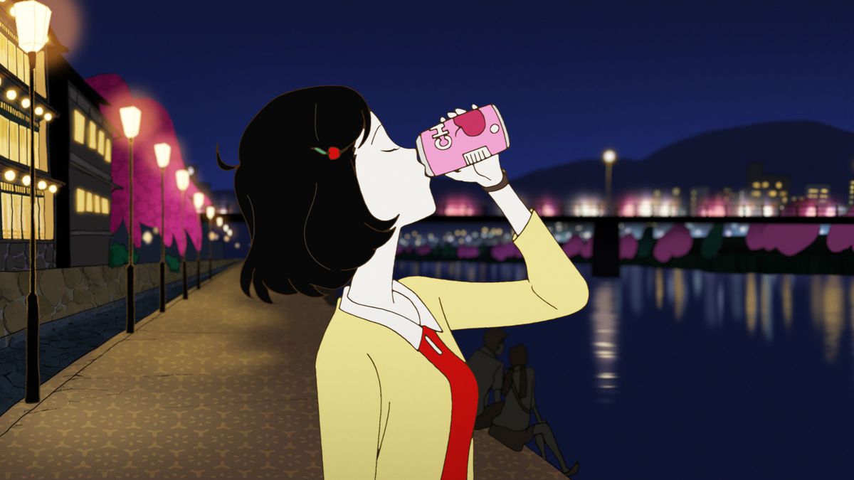 A short-haired girl drinking soda by a river in Night Is Short, Walk On Girl.