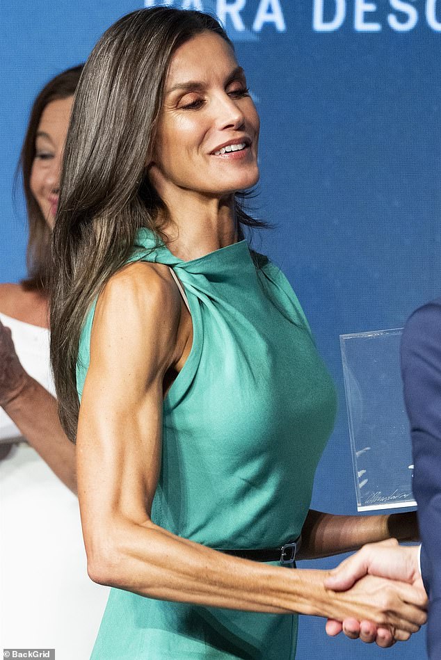 Queen Letizia of Spain, 51, showed off her incredibly toned arms on Monday as she stepped out at an awards ceremony in Madrid