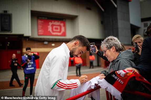 MANCHESTER, ENGLAND - SEPTEMBER 30: Bruno Fernandes of Manchester United arrives ahead of the Premier League match between Manchester United and Crystal Palace at Old Trafford on September 30, 2023 in Manchester, England.  (Photo by Ash Donelon/Manchester United via Getty Images)