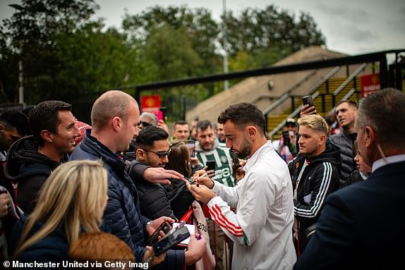 MANCHESTER, ENGLAND - SEPTEMBER 30: Bruno Fernandes of Manchester United arrives ahead of the Premier League match between Manchester United and Crystal Palace at Old Trafford on September 30, 2023 in Manchester, England.  (Photo by Ash Donelon/Manchester United via Getty Images)