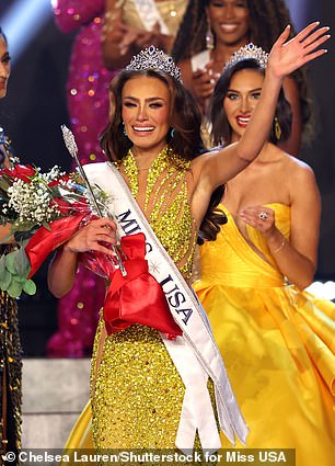 Noelia Voigt, 23, oozed glamor last night in a silver dress with a thigh-high slit, before changing into a striking, gem-covered gold gown before being crowned Miss USA