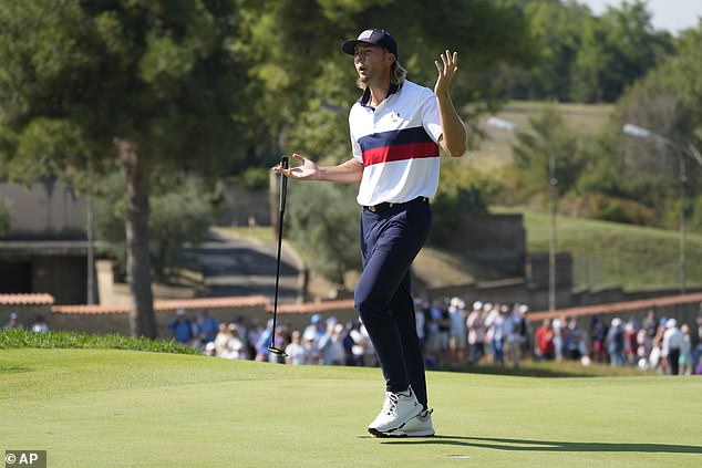 After sinking a birdie putt to make it three, the American gestured to the raucous crowd