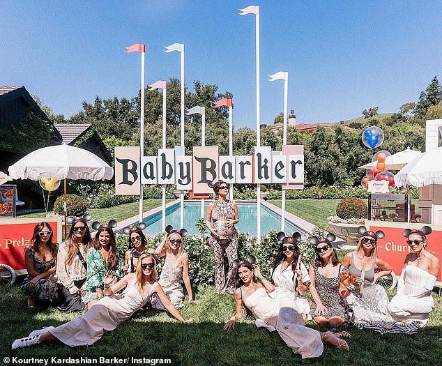 Guest list: None of Kourtney's siblings appeared to be on the guest list for her recent baby shower.  Photos from the party show Kourtney dressed in a brown, black and white animal print jumpsuit, surrounded by nearly a dozen friends wearing summer dresses and mouse ear hats