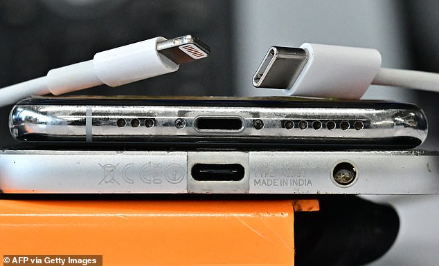 A USB-C charger (RIGHT) and an Apple 'Lightening' charger (LEFT)