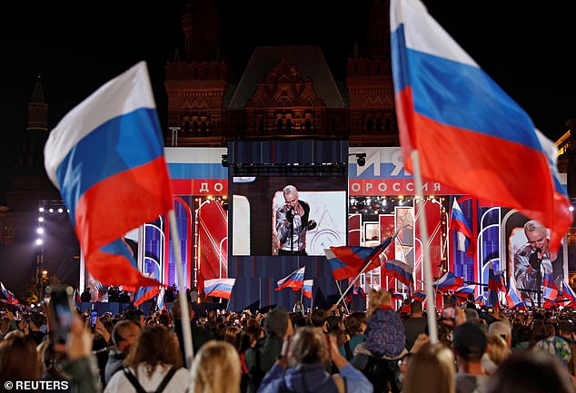 Yaroslav Dronov, known by his stage name Shaman, performs at a rally marking the one-year anniversary of Russia's annexation of four regions