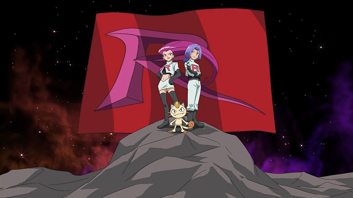 Team Rocket, in their white uniforms, posing in front of a giant red flag with a fuchsia R on it in Pokémon the Series.