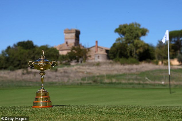 The Ryder Cup rests on the ninth green of the Marco Simone Golf and Country Club in Rome