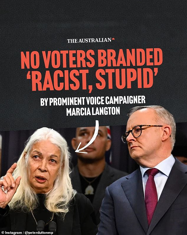 The image of Professor Langton standing next to Prime Minister Anthony Albanese features the words 'No Voters Branded 'Racist, Stupid' By Prominent Voice Campaigner Marcia Langton' below the Australian newspaper's logo